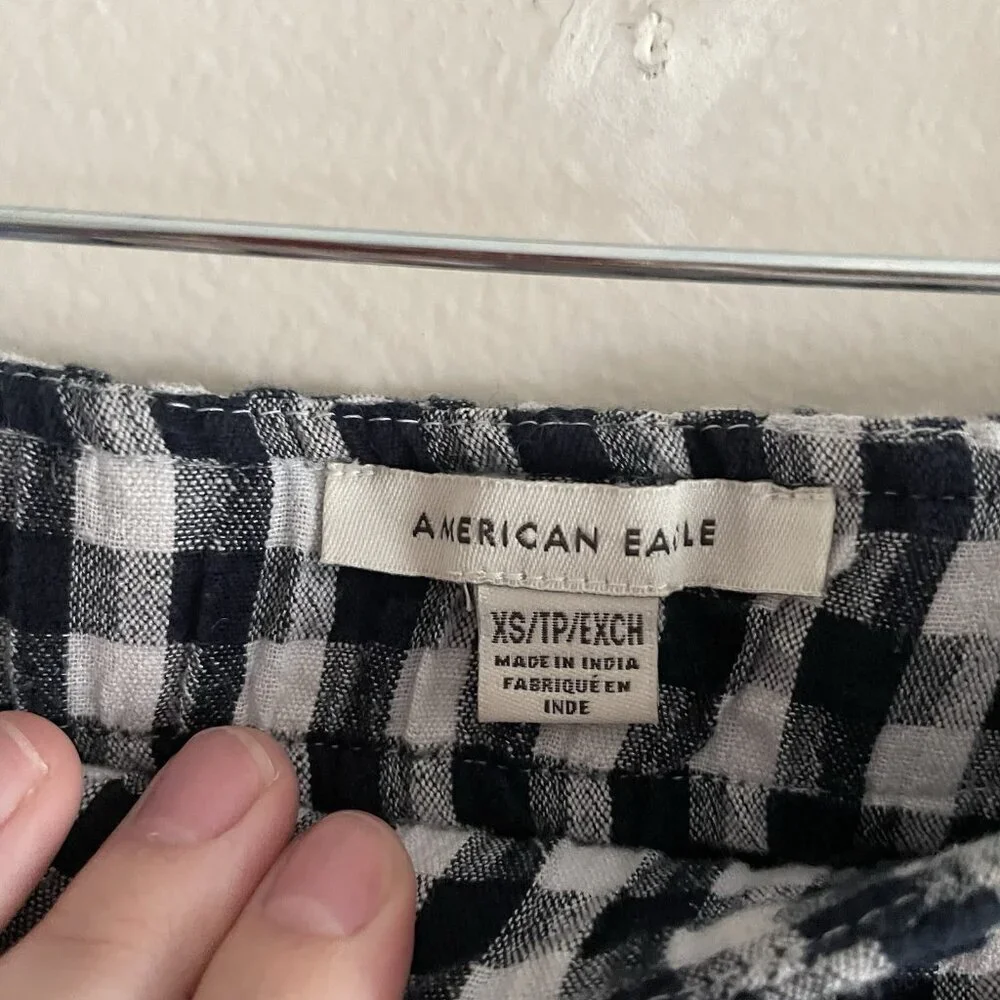 American Eagle Women XS Navy White Gingham Cotton Linen Preppy Casual Mini Skirt